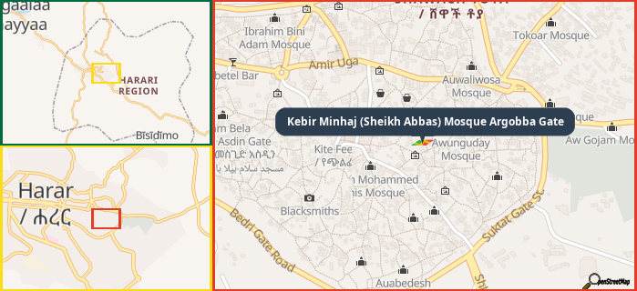 Map showing the address of Kebir Minhaj (Sheikh Abbas) Mosque Argobba Gate in three different zoom levels.
