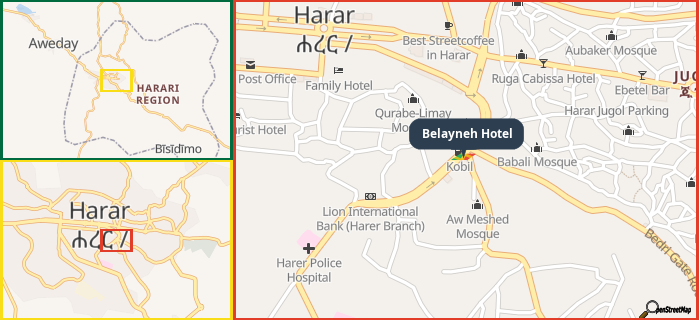 Map showing the address of Belayneh Hotel in three different zoom levels.
