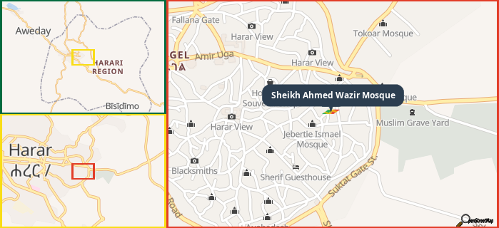 Map showing the address of Sheikh Ahmed Wazir Mosque in three different zoom levels.