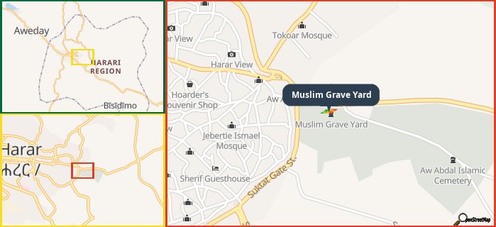 Map showing the address of Muslim Grave Yard in three different zoom levels.
