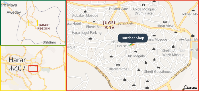 Map showing the address of Butcher Shop in three different zoom levels.