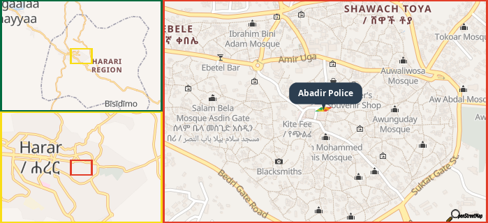 Map showing the address of Abadir Police in three different zoom levels.