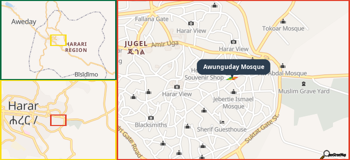 Map showing the address of Awunguday Mosque in three different zoom levels.