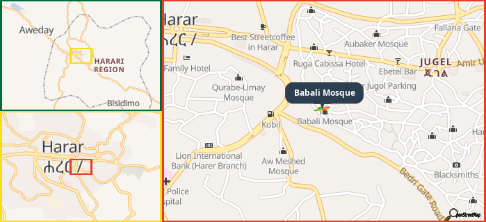 Map showing the address of Babali Mosque in three different zoom levels.