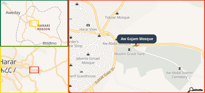 Map showing the address of Aw Gojam Mosque in three different zoom levels.