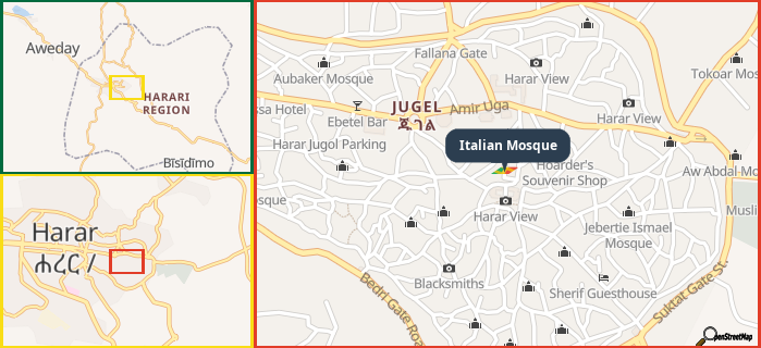 Map showing the address of Italian Mosque in three different zoom levels.