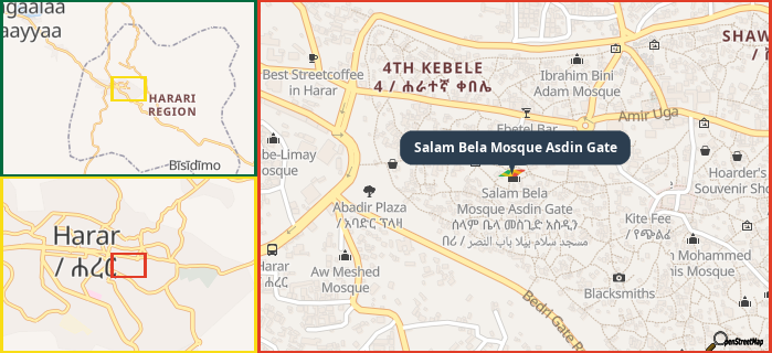 Map showing the address of Salam Bela Mosque Asdin Gate in three different zoom levels.