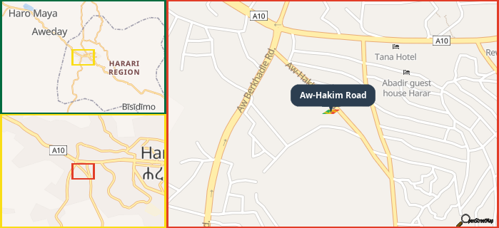 Map showing the address of Aw-Hakim Road in three different zoom levels.