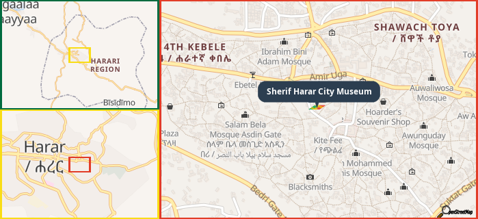 Map showing the address of Sherif Harar City Museum in three different zoom levels.