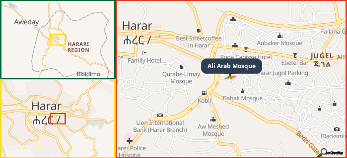 Map showing the address of Ali Arab Mosque in three different zoom levels.
