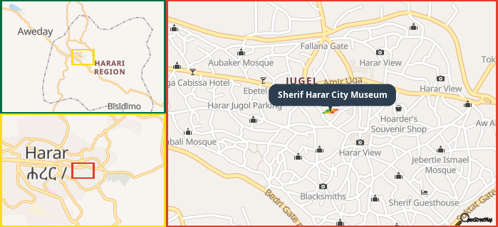 Map showing the address of Sherif Harar City Museum in three different zoom levels.