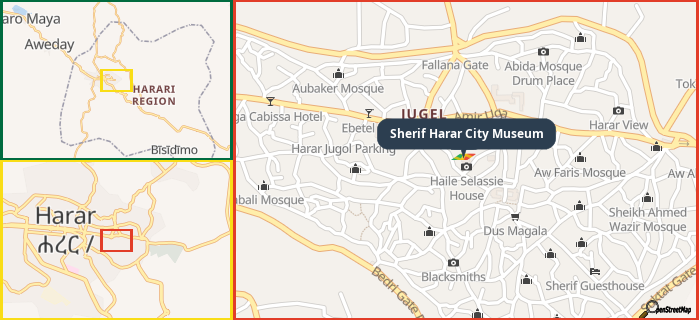 Map showing the address of Sherif Harar City Museum in three different zoom levels.