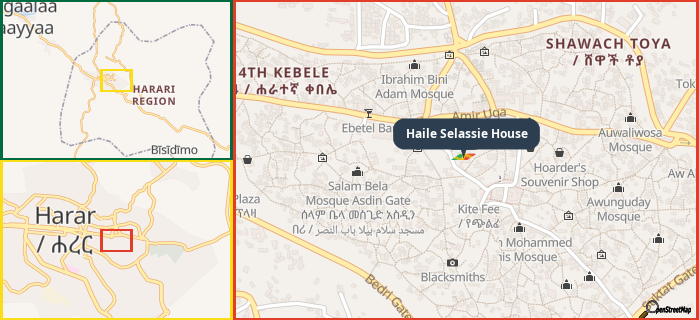 Map showing the address of Haile Selassie House in three different zoom levels.