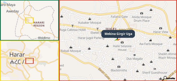 Map showing the address of Mekina Girgir Uga in three different zoom levels.