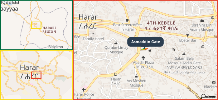 Map showing the address of Asmaddin Gate in three different zoom levels.