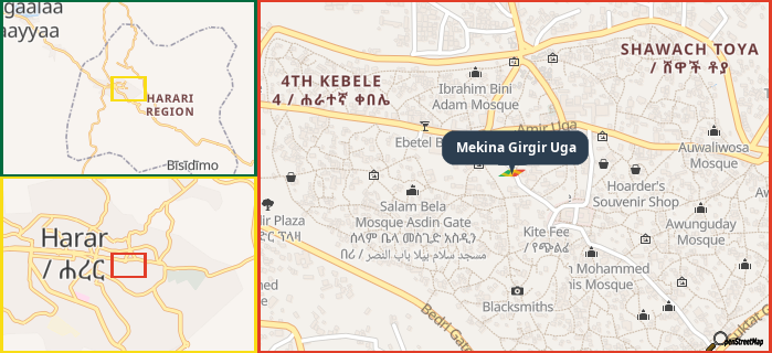 Map showing the address of Mekina Girgir Uga in three different zoom levels.