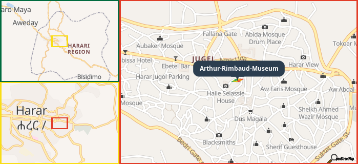 Map showing the address of Arthur-Rimbaud-Museum in three different zoom levels.