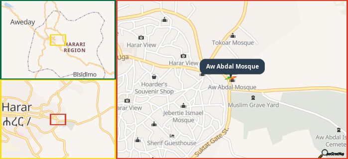 Map showing the address of Aw Abdal Mosque in three different zoom levels.