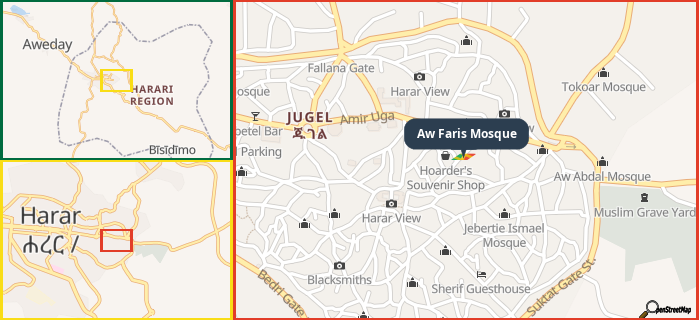 Map showing the address of Aw Faris Mosque in three different zoom levels.