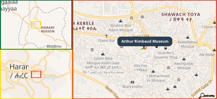 Map showing the address of Arthur Rimbaud Museum in three different zoom levels.