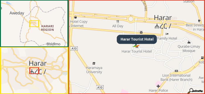 Map showing the address of Harar Tourist Hotel in three different zoom levels.