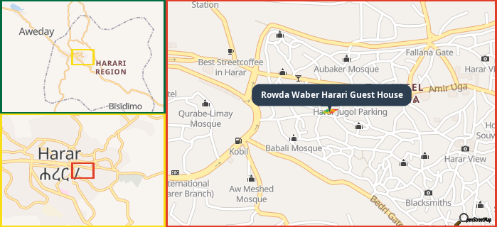 Map showing the address of Rowda Waber Harari Guest House in three different zoom levels.