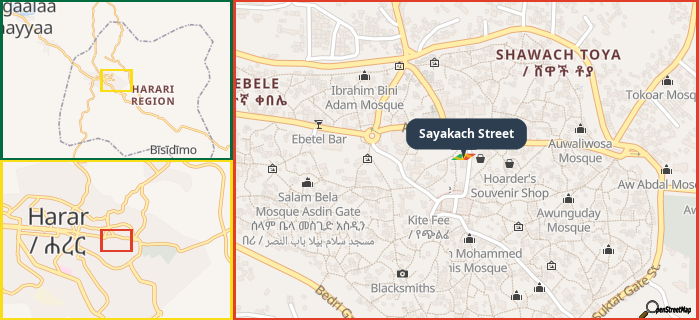 Map showing the address of Sayakach Street in three different zoom levels.