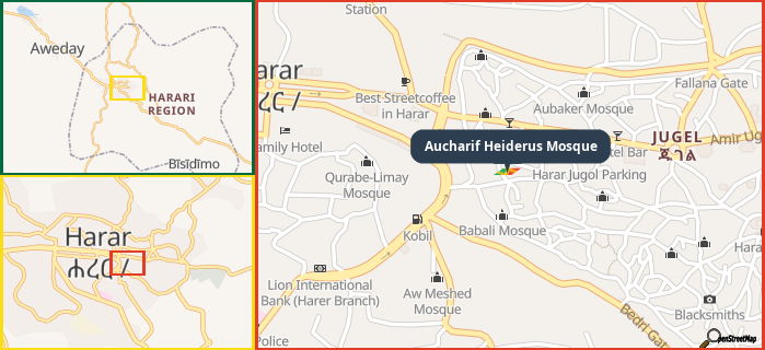 Map showing the address of Aucharif Heiderus Mosque in three different zoom levels.