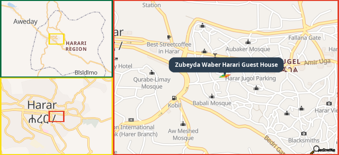 Map showing the address of Zubeyda Waber Harari Guest House in three different zoom levels.