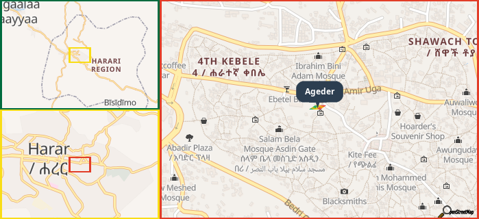 Map showing the address of Ageder in three different zoom levels.