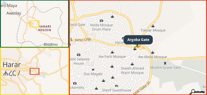 Map showing the address of Argoba Gate in three different zoom levels.