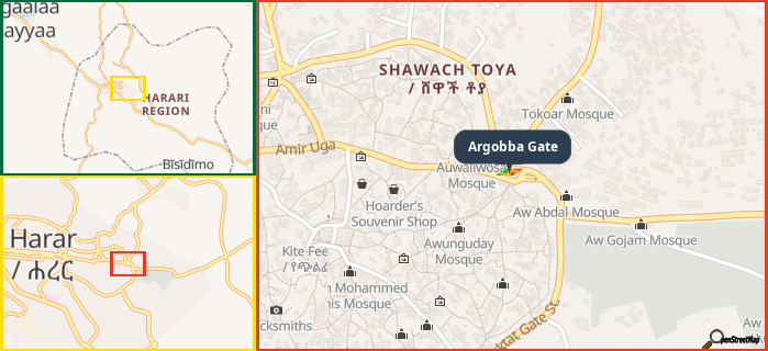 Map showing the address of Argobba Gate in three different zoom levels.