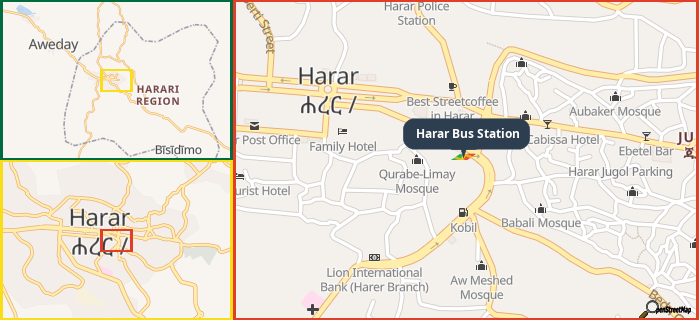 Map showing the address of Harar Bus Station in three different zoom levels.