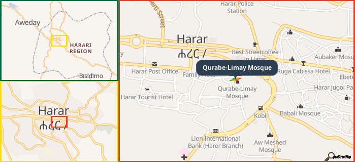 Map showing the address of Qurabe-Limay Mosque in three different zoom levels.