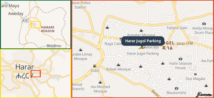 Map showing the address of Harar Jugol Parking in three different zoom levels.