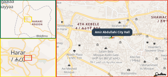 Map showing the address of Amir Abdullahi City Hall in three different zoom levels.
