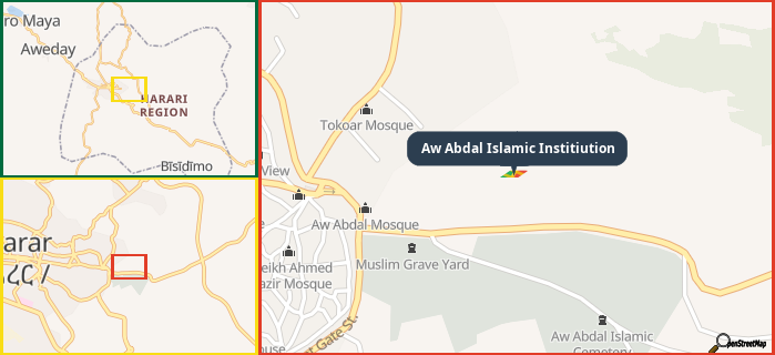 Map showing the address of Aw Abdal Islamic Institiution in three different zoom levels.