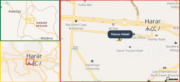 Map showing the address of Venus Hotel in three different zoom levels.