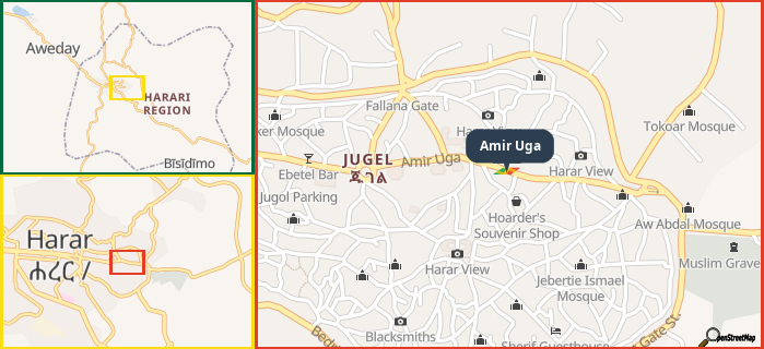 Map showing the address of Amir Uga in three different zoom levels.