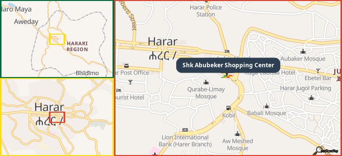 Map showing the address of Shk Abubeker Shopping Center in three different zoom levels.