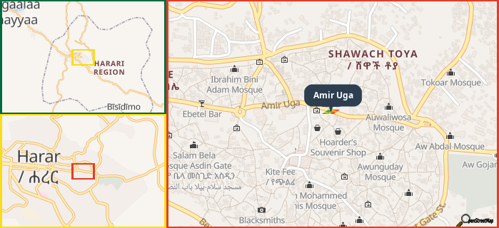 Map showing the address of Amir Uga in three different zoom levels.
