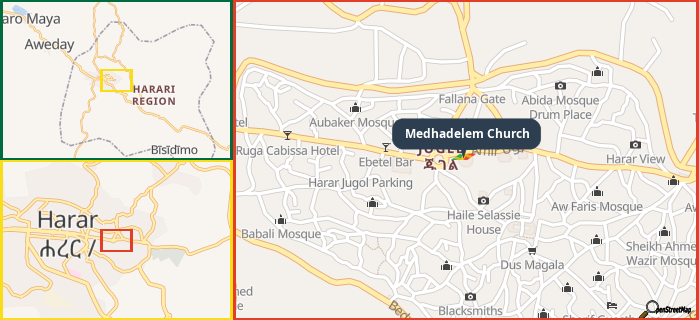 Map showing the address of Medhadelem Church in three different zoom levels.