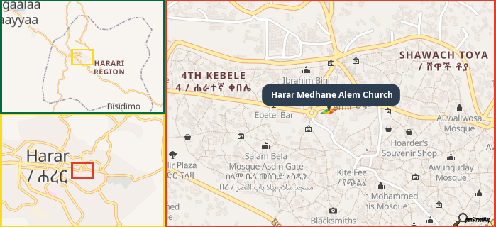 Map showing the address of Harar Medhane Alem Church in three different zoom levels.