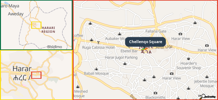 Map showing the address of Chellenqo Square in three different zoom levels.