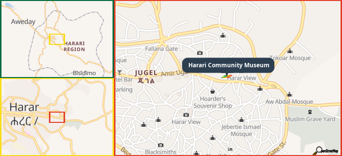 Map showing the address of Harari Community Museum in three different zoom levels.