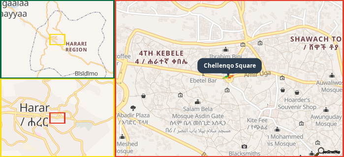 Map showing the address of Chellenqo Square in three different zoom levels.