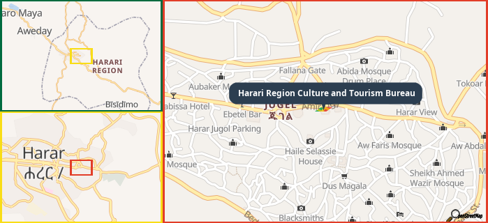 Map showing the address of Harari Region Culture and Tourism Bureau in three different zoom levels.