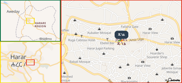 Map showing the address of ጁገል in three different zoom levels.