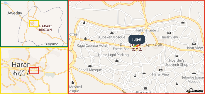 Map showing the address of Jugel in three different zoom levels.