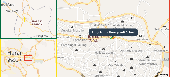 Map showing the address of Enay Abida Handycraft School in three different zoom levels.